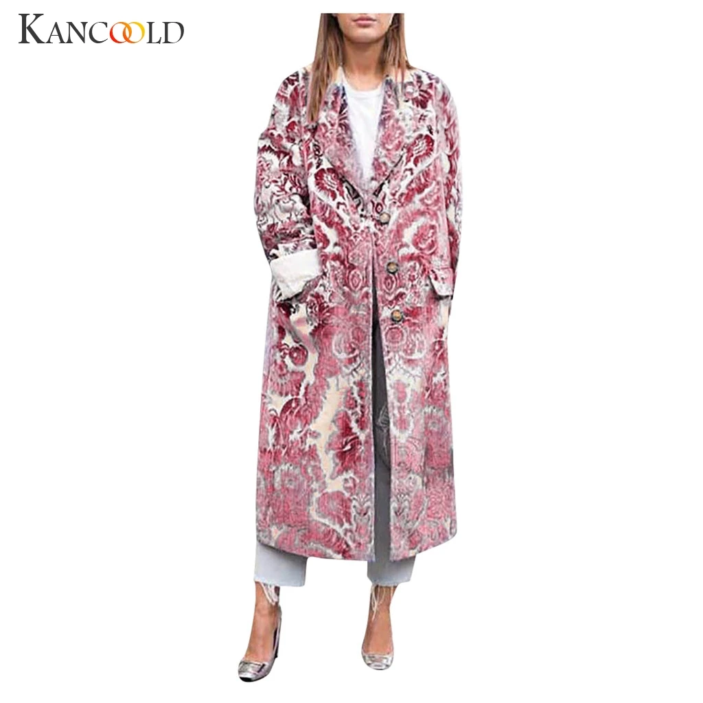 KANCOOLD New Fashion Women's Winter Button Lapel Print Long Sleeve Pocket Casual Overcoat Streetwear Blouse Coat |