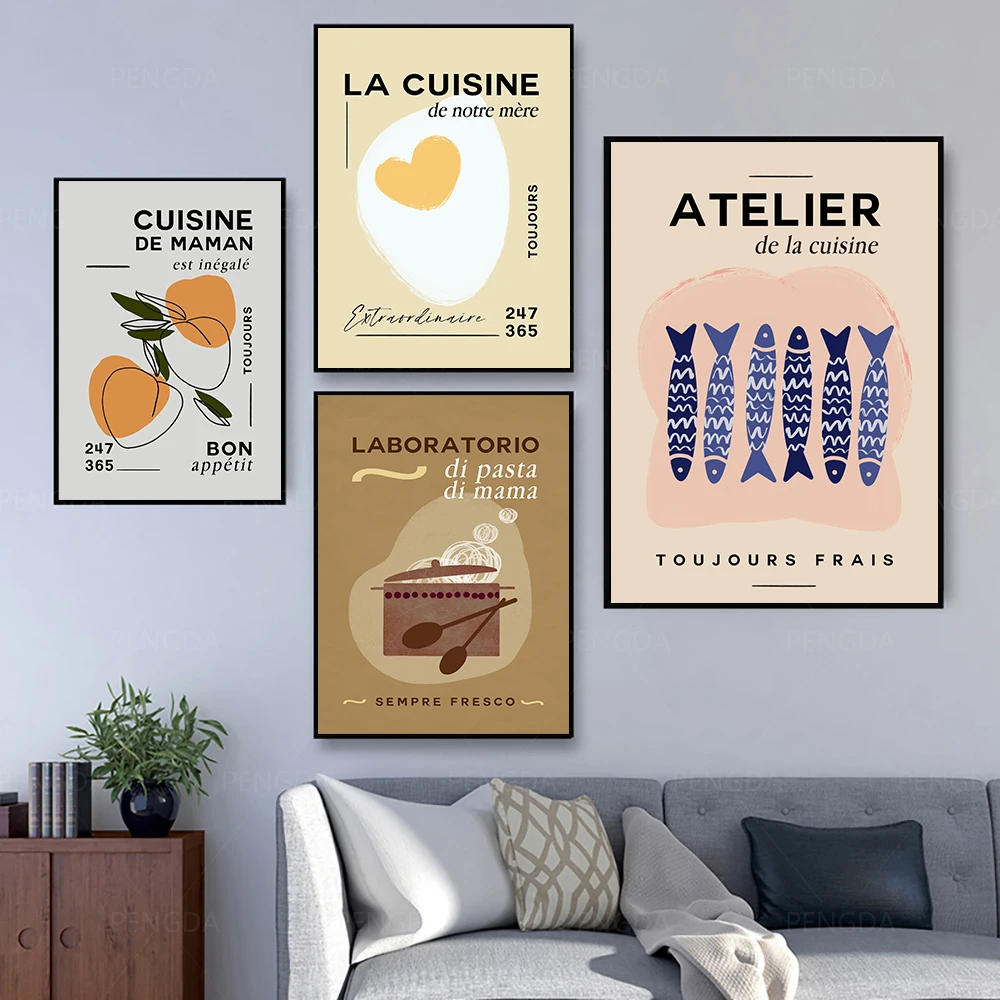 

Vintage Fishes Canvas Painting French Cuisine Quote Posters and Prints Wall Pictures For Living Room Kitchen Art Home Decoration
