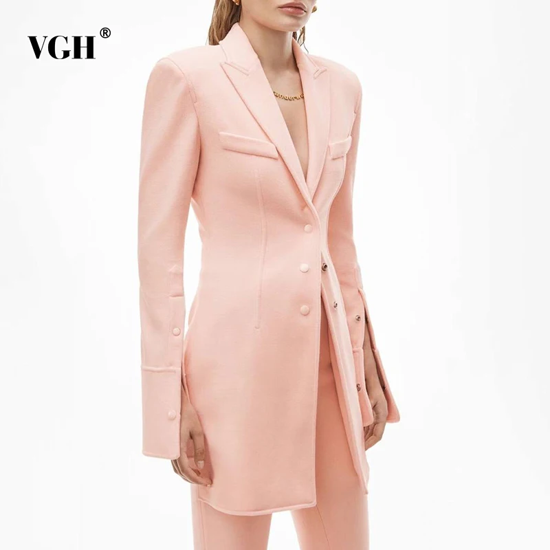 

Женский Повседневный Блейзер VGH, розовый однотонный пиджак в Корейском стиле с отложным воротником и длинным рукавом, с разрезом, одежда для...