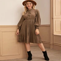 2021 spring and autumn new wave dot long sleeve pleated v neck lace up elegant holiday casual dress