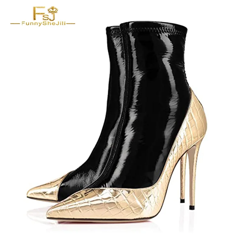 

FSJ Women Gold and Black Matte Leather Ankle Boots Fashion Pointed Toe Side Zip Stiletto Heel Patchwork Ladies Party Short Botas