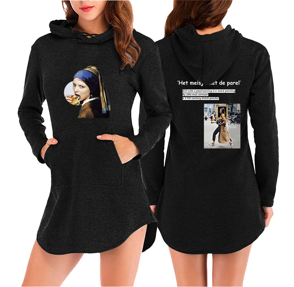 

Women Jumpsuit Vintage Aesthetic Dress Van Gogh Mona Lisa Hooded Suit Black Hood Sweatshirt Casual Funny Long Sleeve Pullovers