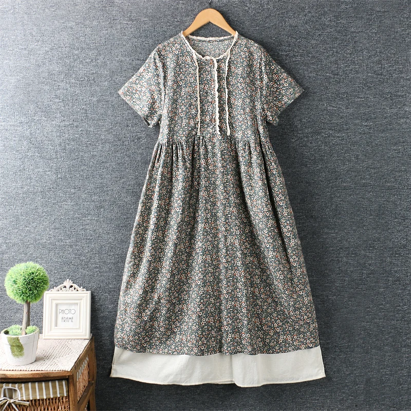 Винтажное платье из хлопка и льна с цветочным принтом большой размер | Женская