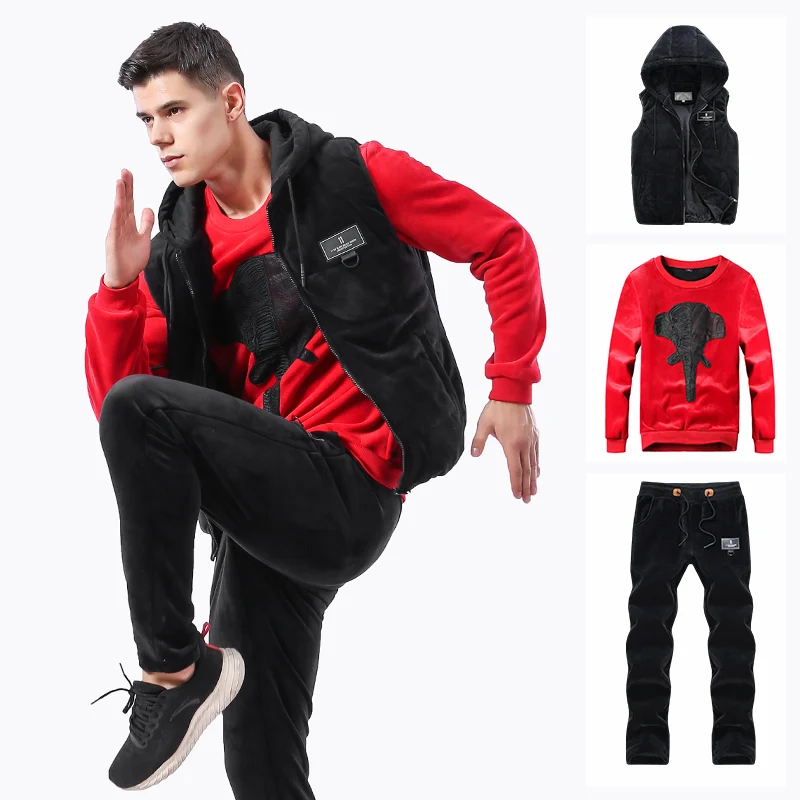 Мужской теплый спортивный костюм со слоном зимний жилет с капюшоном из 3