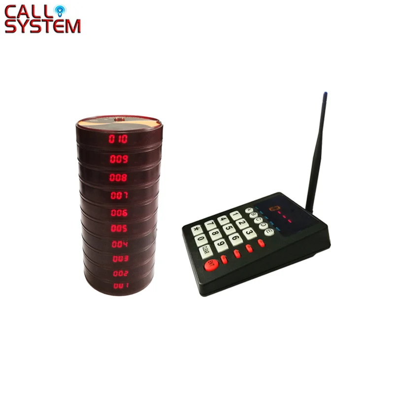 

Restaurant Pager Wireless Paging Queuing System Chargeable Restaurant Equipments 1 Transmitter + 10 Coaster Pagers