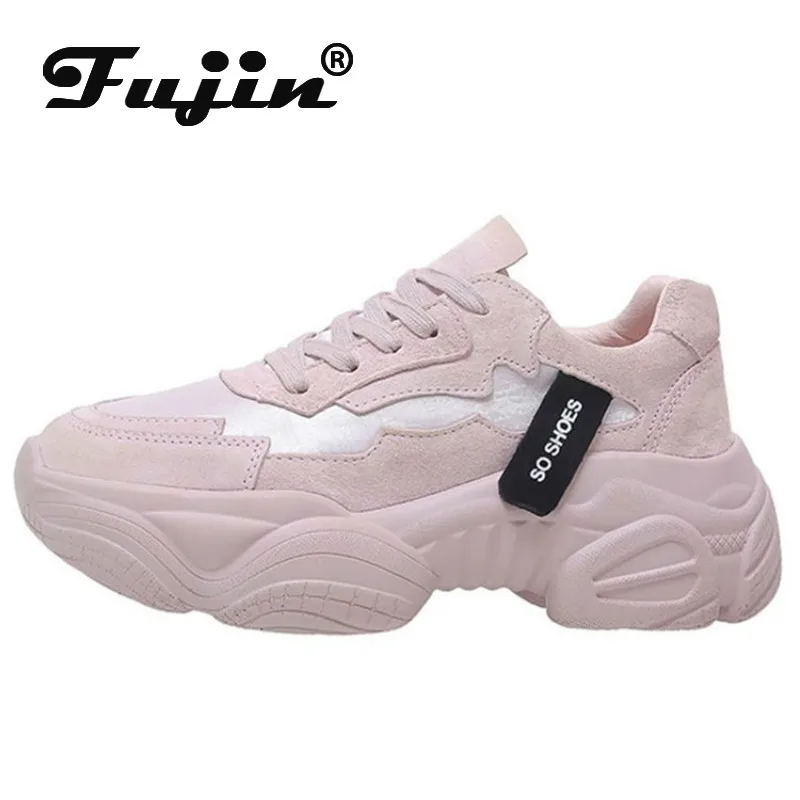 Женские кроссовки с круглым носком Fujin дышащие на толстой подошве кружевом для