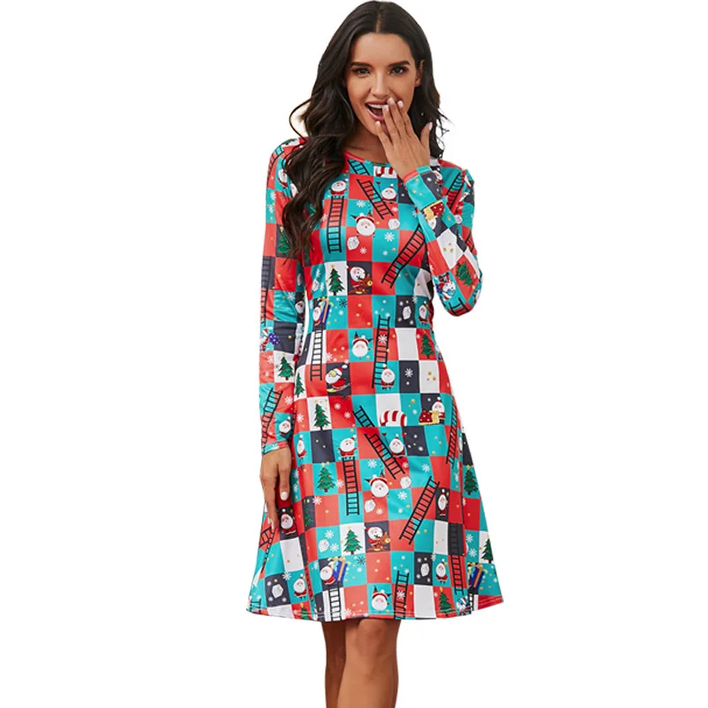 

Womens Dress Christmas Plaid Print Casual Party Dresses For Women Clubbing O-Neck Long Sleeve Midi A-line Vestidos Winter