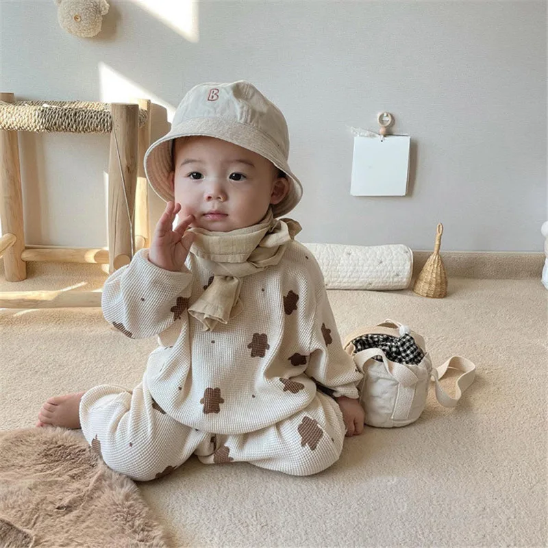 

Baby Clothes Set Autumn New Baby Clothes Set Toddler Bebe Boys Spring Hoodie Suit Bear Print Waffle Clothing Pajamas Set