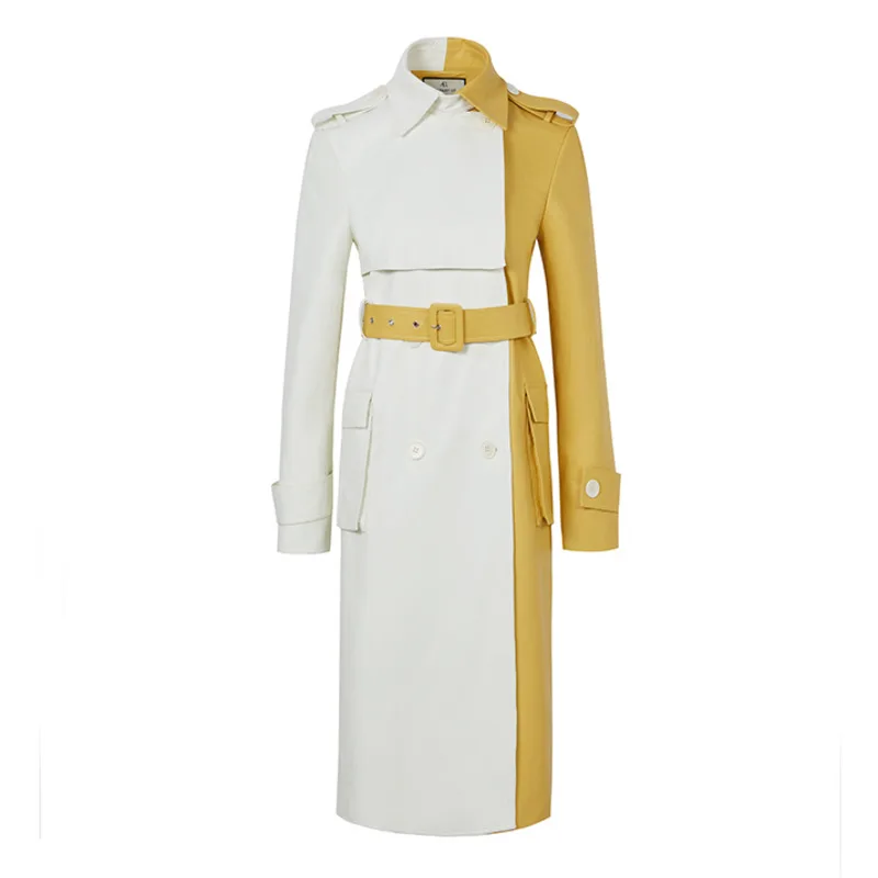 

DEAT 2021 New Women Fashion Turn-down Collar Long Sleeve Pockets Patchwork Belt Contrast Leather Jacket Spring And Autumn 7E6078