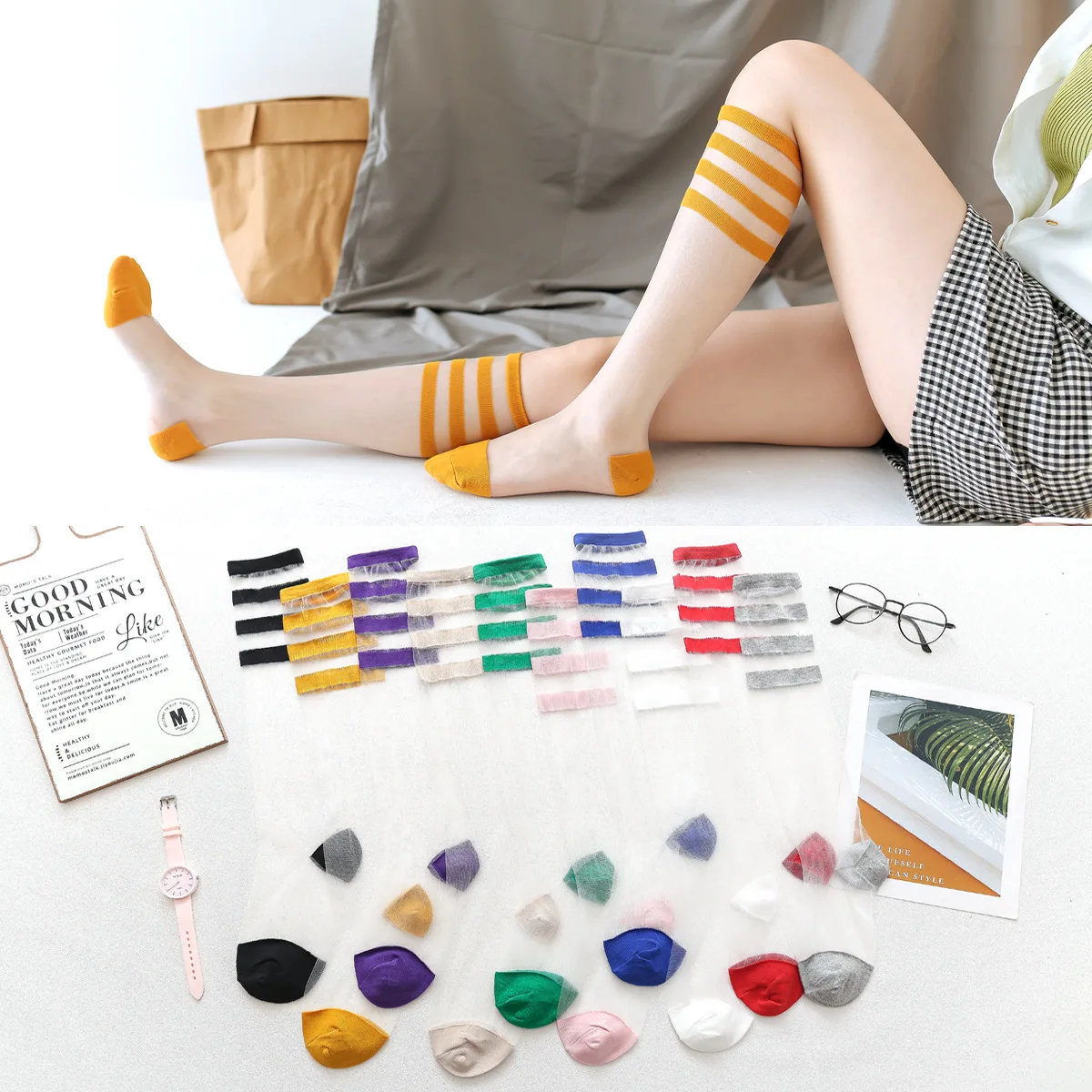 

Spring and Summer Thin Rainbow Striped Calf High Socks Japanese and Korean College Style Girl Knee-length Cute Candy Color Sexy