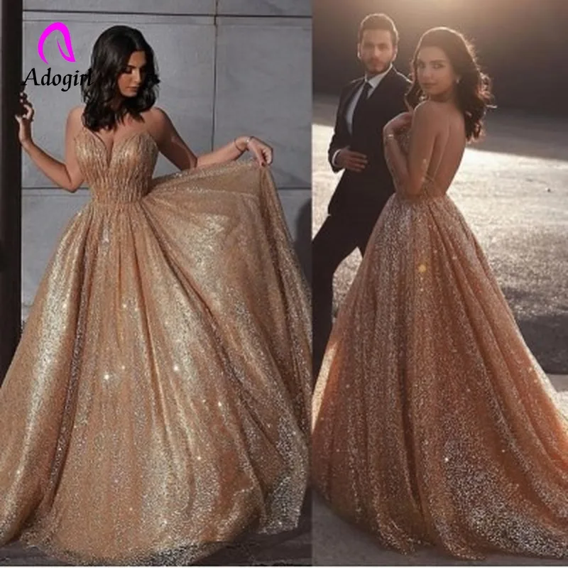 

2020 New Women's A Line Glitter Princess Dress Champagne Spaghetti Straps Long Maxi Dresses Sparkly Evening Party Dress vestidos