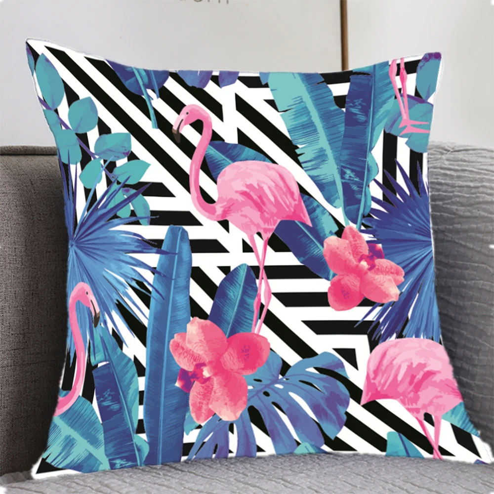

Summer Tropical Plants Flamingo Decorative Pillowcase Green Leaves Throw Pillow Case Flamingo Pillow Cover