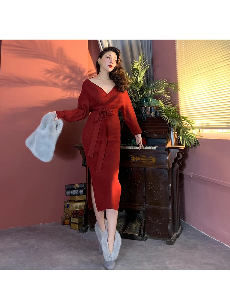 2019 Winter Super Nice Vintage Batwing Sleeve Collect Waist Wrap Hip Thick Knit Dresses V Neck Mid-Calf Long Dress Women Elastic | Женская