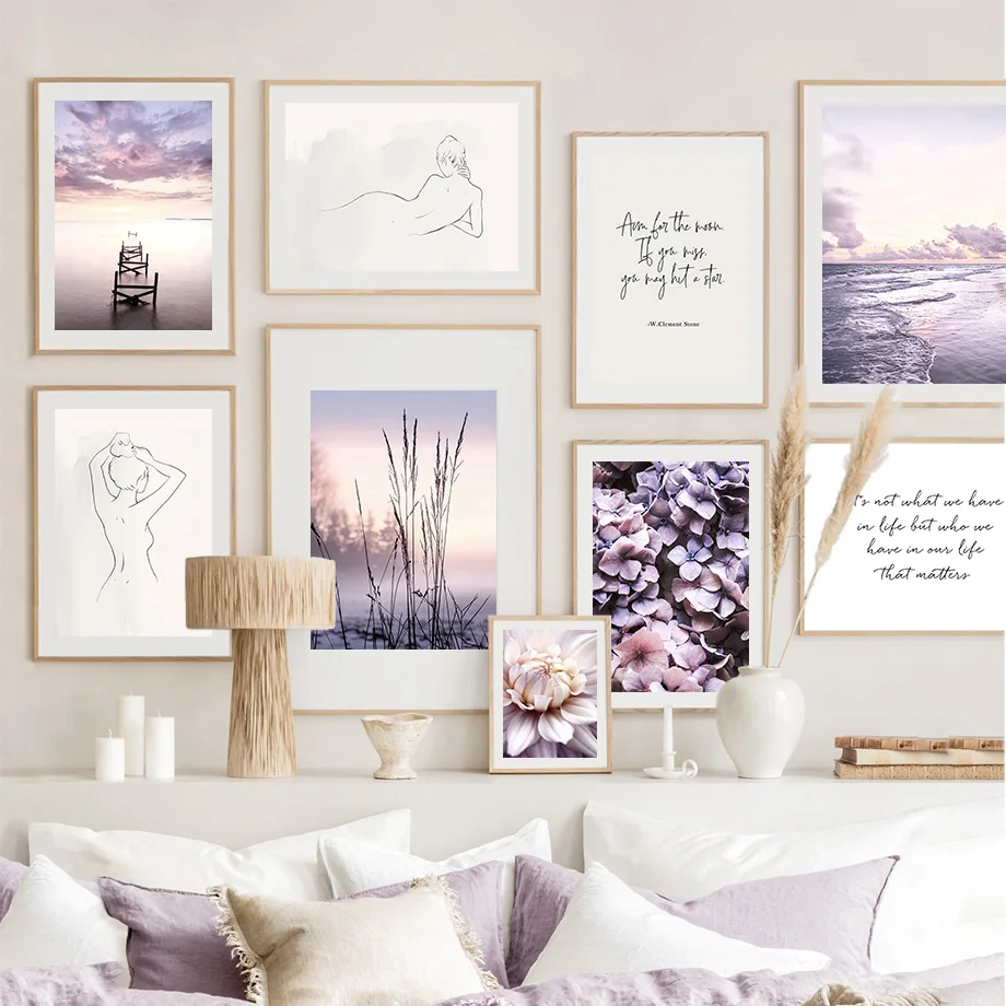 

Purple Dahlia Hydrangea Reed Line Girl Wall Art Canvas Painting Nordic Posters And Prints Wall Pictures For Living Room Decor