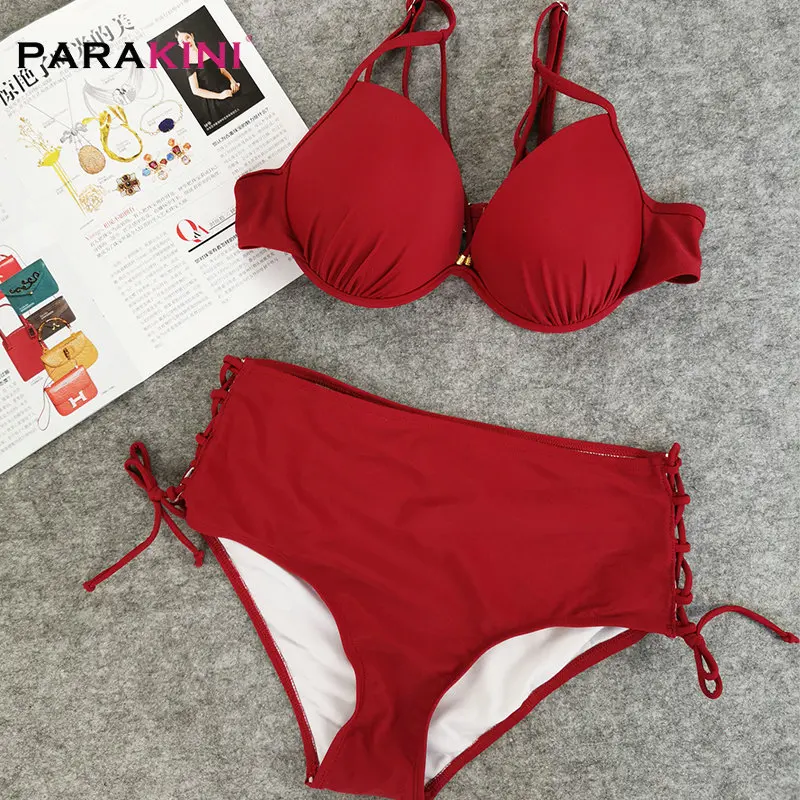 

PARAKINI Women Solid Side Lace Up Bikini Set Wine Red Spaghetti Strap High Waist Swimwear Female Retro Swimsuit