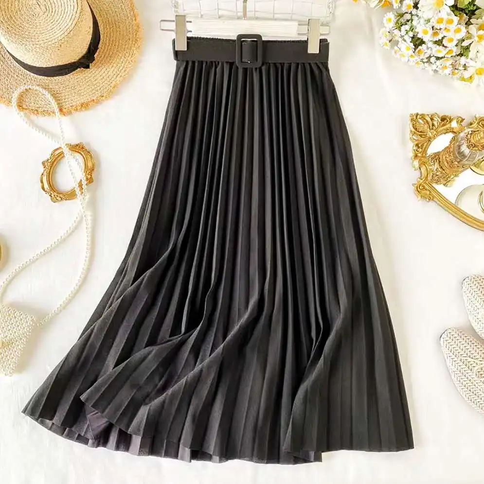 

High Waist Women Skirt Casual Vintage Solid Belted Pleated Midi Skirts Lady 5 Colors Fashion Simple Saia Mujer Faldas