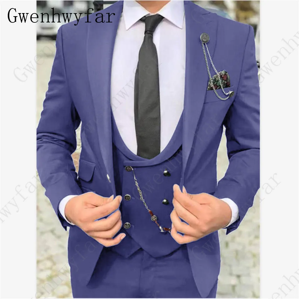 Color 15 Gwenhwyfar, классический Бирюзовый мужской костюм, официальный Свадебный костюм для мужчин, на заказ, приталенный смокинг для жениха, пиджак, брюки, жилет, костюм из 3 предметов - Цвет: Color 15