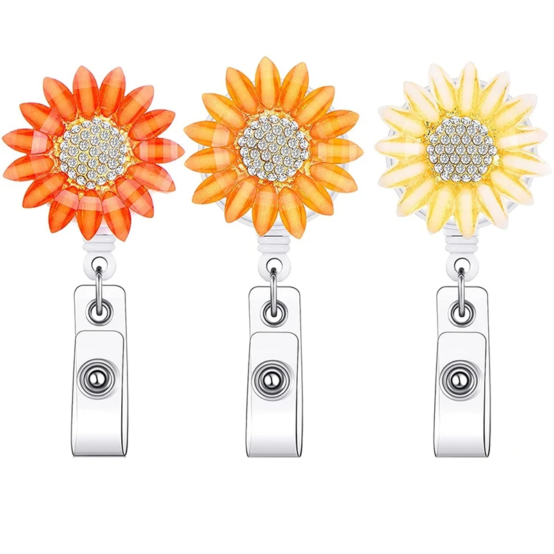 

3Pcs Crystal Rhinestone Sunflower Badge Reel Retractable Badge Clip for Nurse Teacher Student Decoration Supplies