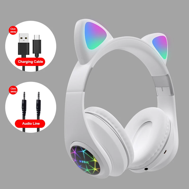 M2 Bluetooth 5.0 Headphones Headset Earphone Cat Kitty LED Noise Cancelling Music Wireless with mic | Электроника
