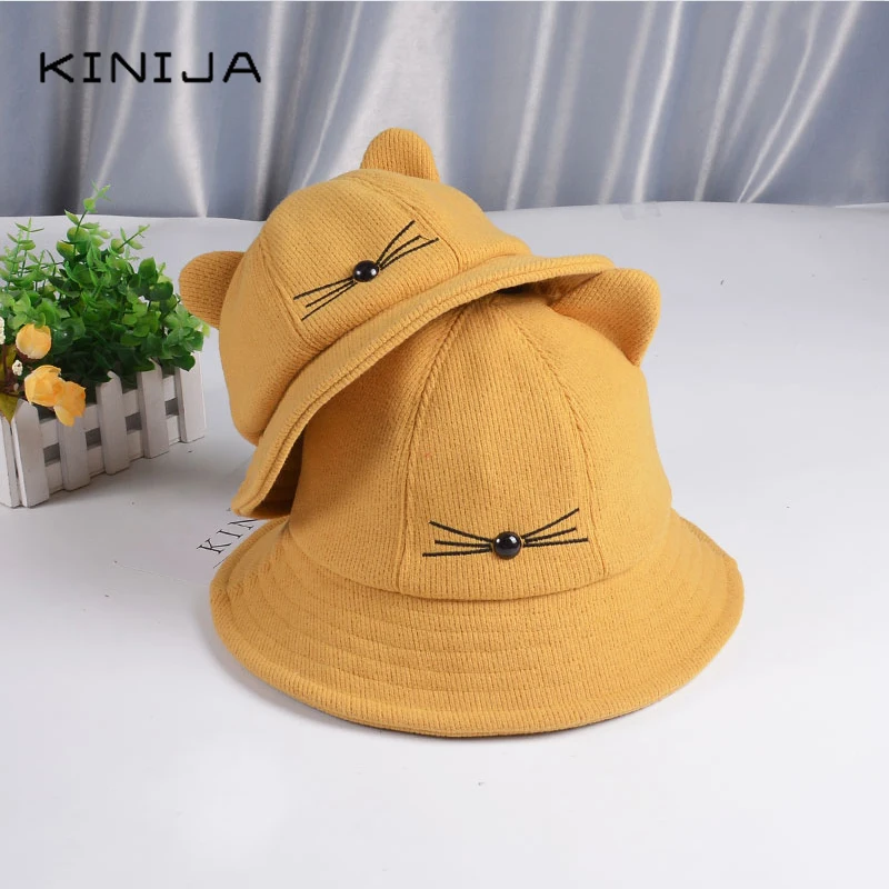 Шляпа для родителей и детей Женская шерстяная шляпа с кошачьими ушками рыбацкая