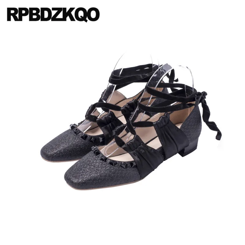 

Japanese Rivet Tie Up Black Women Square Toe Ladies Low Heels Shoes Block Glitter Pink Pumps Lace Cross Strap Strappy Silk Stud