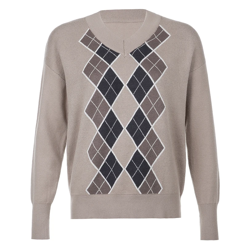 

Traf Vintage V Neck Sweater Women Preppy Style Autumn Casual Argyle Plaid Y2K Jumper Female Korean Fashion Pullover Winter