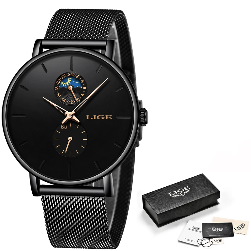 2019 LIGE Мужские часы от ведущего бренда роскошные кварцевые мужские с сетчатым
