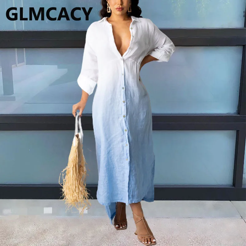 

Women Long Sleeve Button Up Ombre Color Shirt Dress