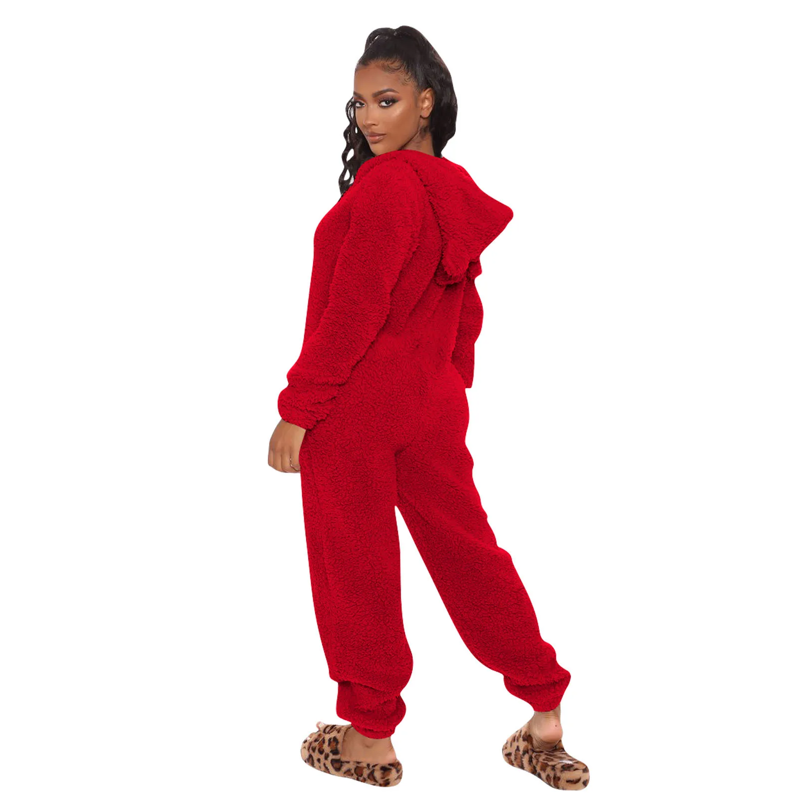 Casual Hooded Jumpsuit Loose Flannel Autumn Winter Lovely Zipper Plush with Ears Long Sleeve Warm Home Service Rompers 2021