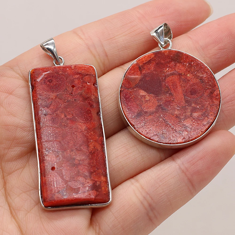 

2021 New Red Coral Bag Silver Edge Pendant OL Exquisite Retro Handmade Crafts Making DIY Necklace Jewelry 20x45mm