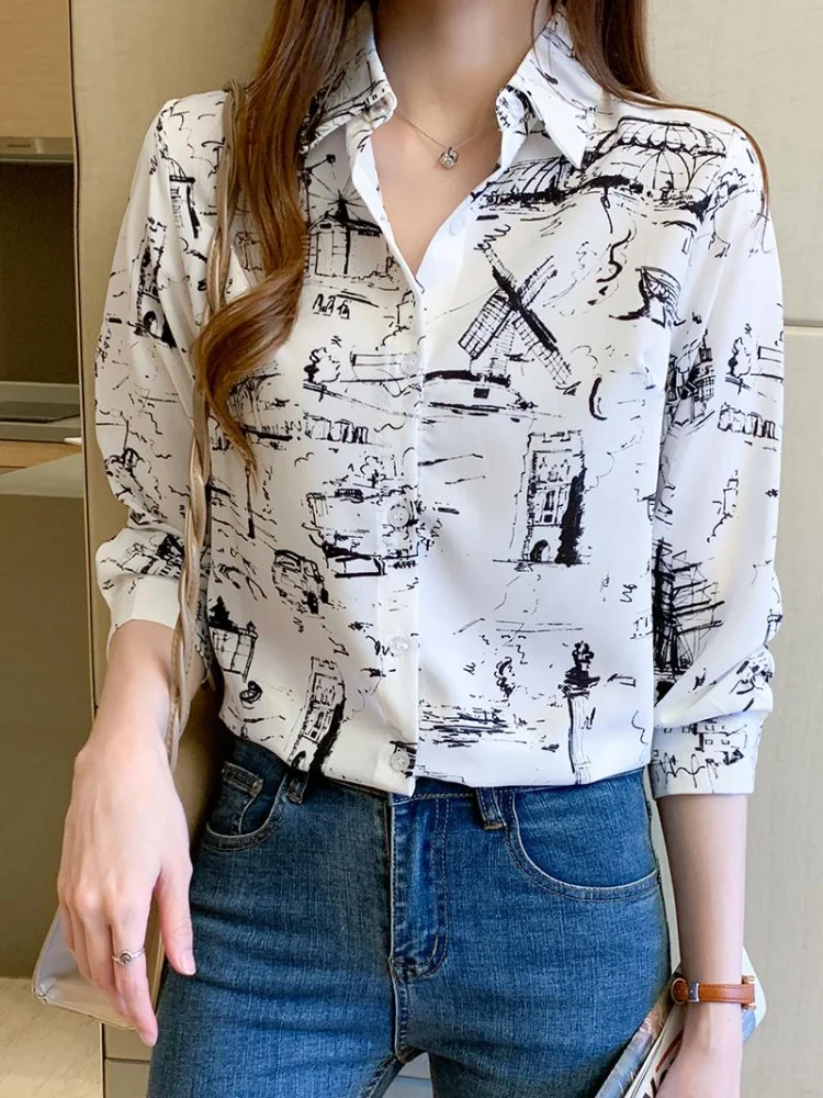 

Women's Blouse Summer Tops Polo Shirt Chiffon Blouses Fashion Top Casual Shirts Long Sleeve Printing Ship Immediately Houthion