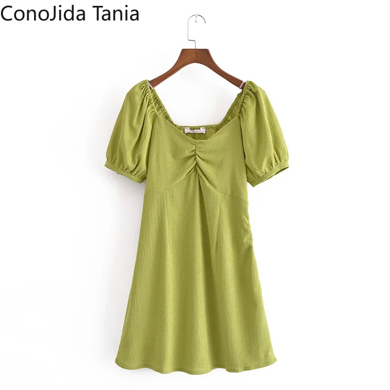 

2021 Summer New Green Bubble Sleeve Square Collar Pleated Slim A-line Dress
