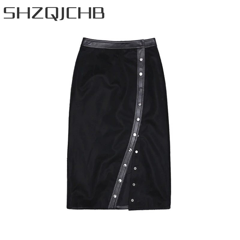 

JCHB 2021 Autumn Women Genuine Leather Velour Sexy Split High Waist Wrap Skirt Office Ladies Elegant Knee Length Black Sheepskin