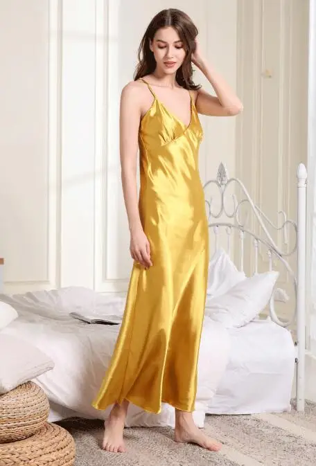 Дешевая Женская шелковая ночная рубашка летняя юбка на бретелях с V-образным