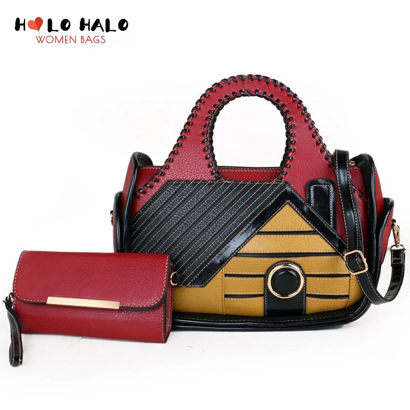 

Women's Wallet and Handbags 2 Pcs Bag Set Female Crossbody Bags House Pattern Design Bags Fashion PU Leather Purses Shoulder Bag