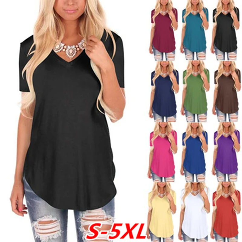 

tops tshirt women 2021Summer V-neck knitted solid color plus size loose short sleeve T shirt Oversized t-shirt Anime btses femme