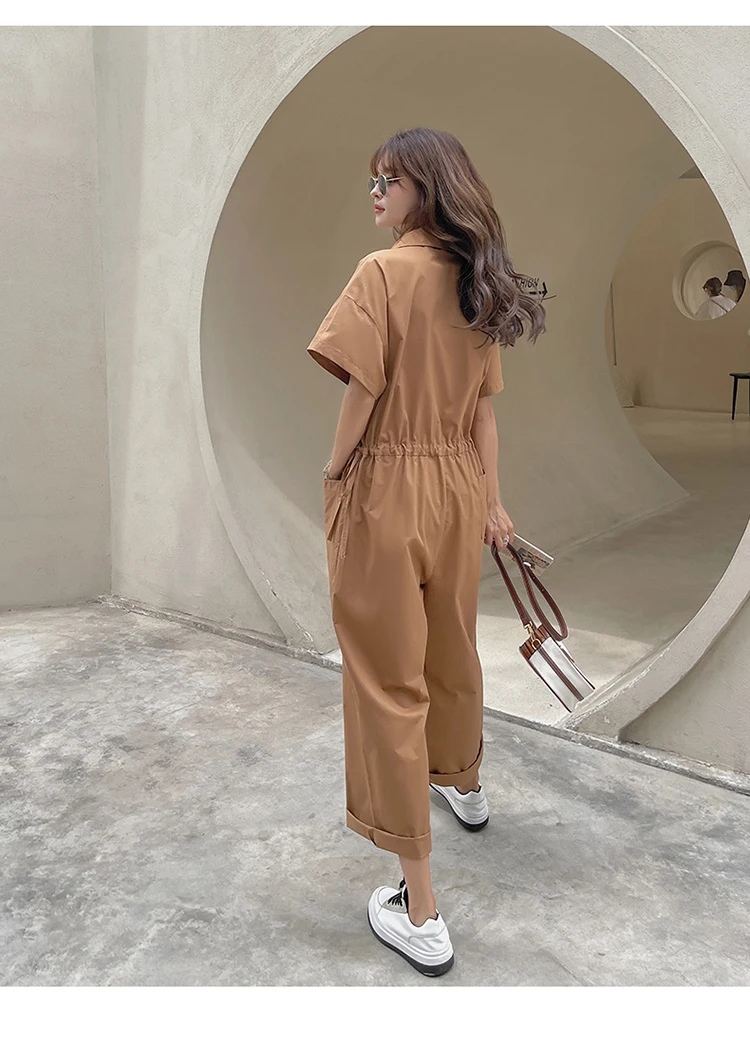 

2021 Summer Overalls Women Streetwear Hip Hop Loose Casual Drawstring Waist Short Sleeve Wide Leg Pants Sets One Piece Jumpsuit
