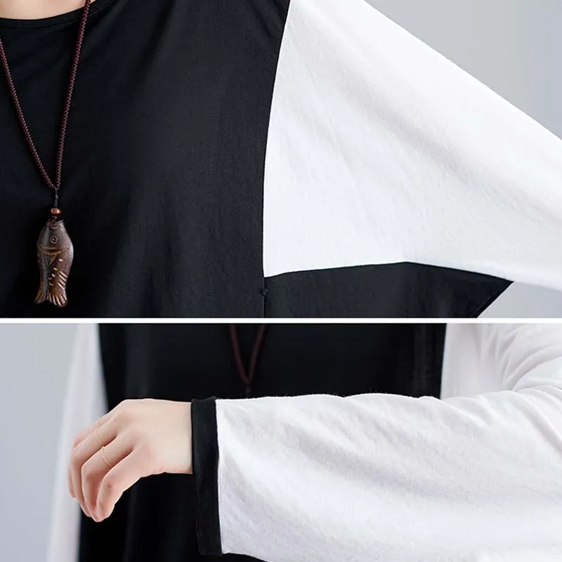 

2019 Autumn New Plus Size Long Sleeve Splice Vintage Women T Shirt Batwing Korean Cotton Linen Tee Shirt Femme Loose T-Shirt 5XL