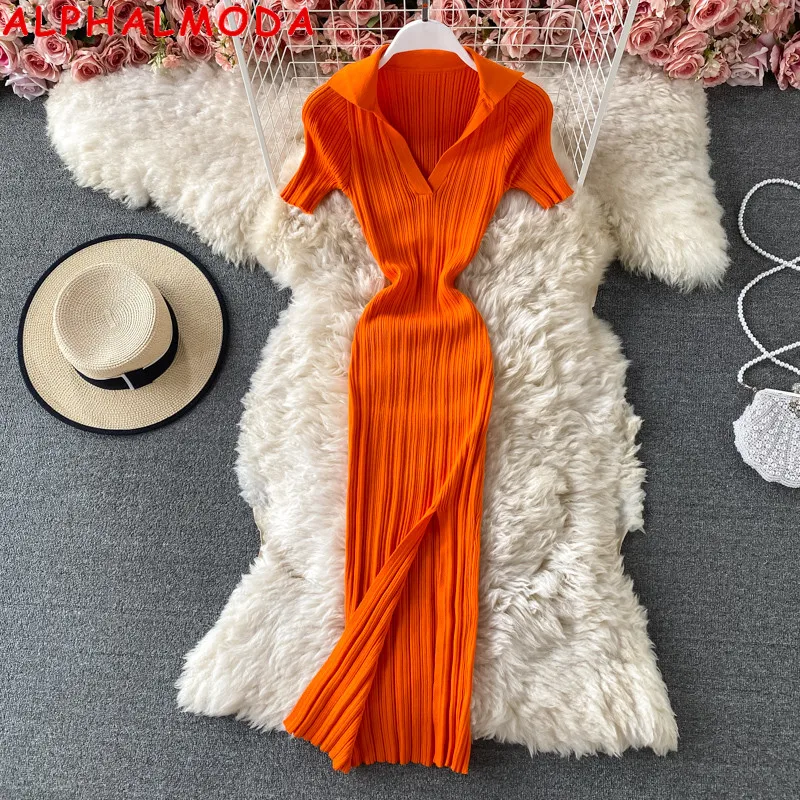

ALPHALMODA Slim V-neck Sexy Knitted Dress 2021 Summer Retro Slim Waist Tight Buttock Knitted Dress Side Slit Sexy Women Dress