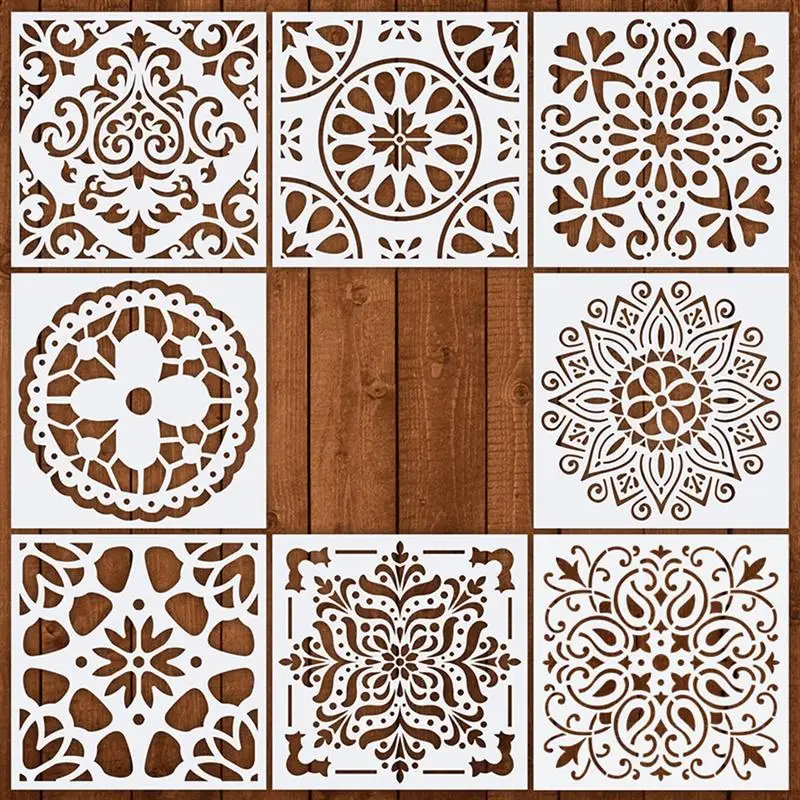 8pcs Premium Reusable Stencils Set Hollow Out Mandala Painting Stencil Floor Wall Tile Fabric Wood Stencils Spray Stencil