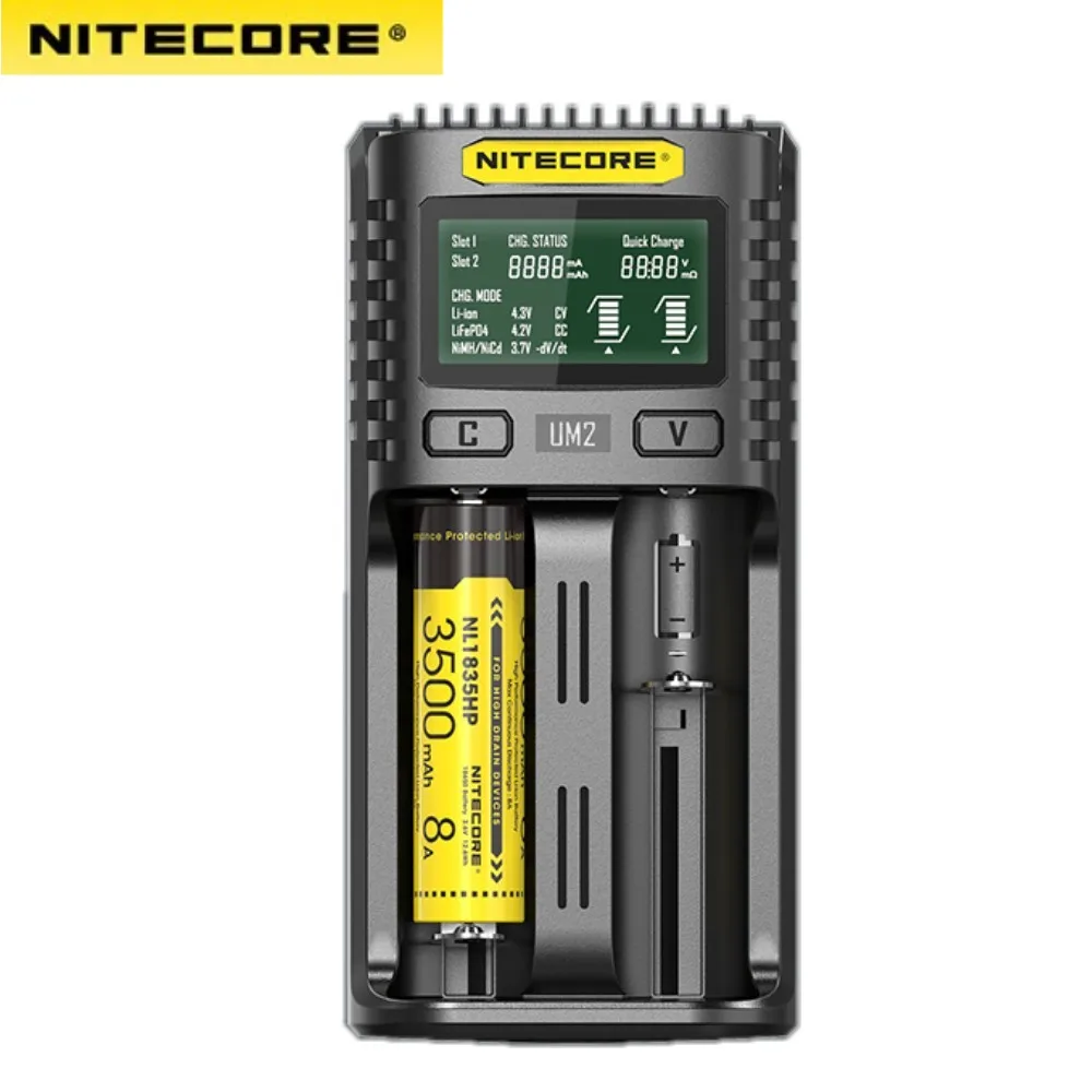 100% Оригинальное зарядное устройство Nitecore UM4 UM2 USB QC с интеллектуальной схемой и глобальной страховкой для литий-ионных аккумуляторов типов АА, ААА, 18650, 21700, 26650.
