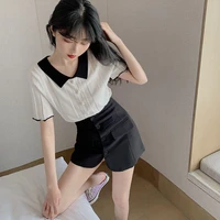 2022 summer new korean sweet ice silk short sleeved t shirt female turndown collar thin patchwork knitted sweater tops y556