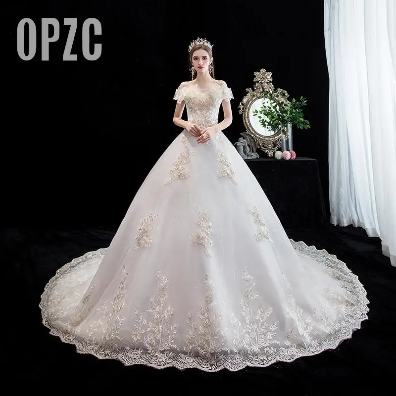 

Fashion Elegant Boat Neck Lace Wedding Dress 2020 New Arrvial off shoulder Court train Applique princess Brida real photo Custom