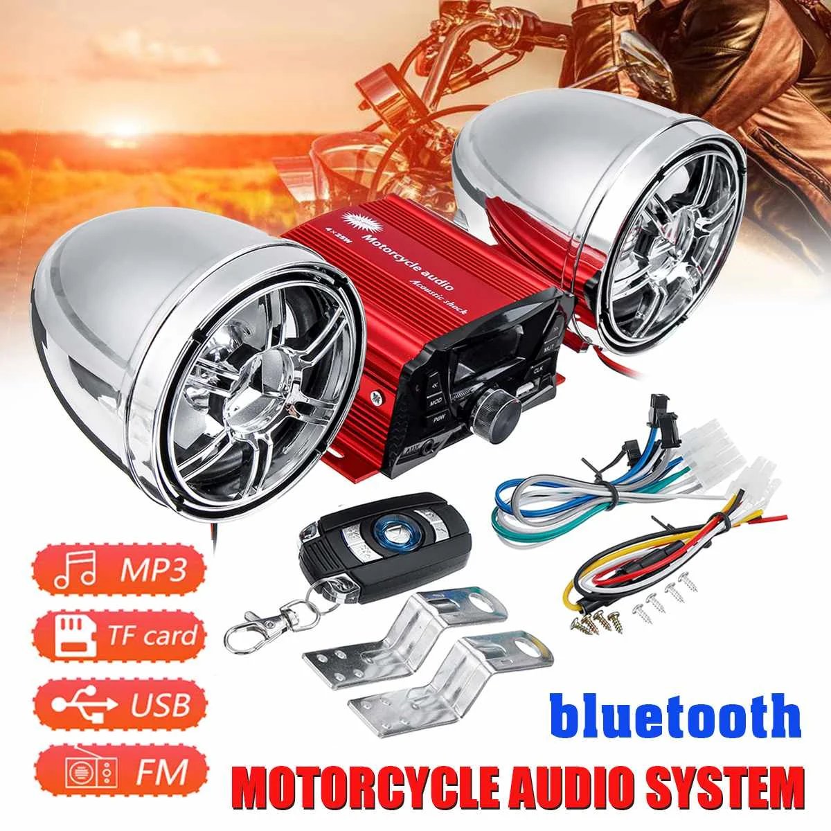 

Universal 12V Motorcycle Audio bluetooth Remote Control Speaker Stereo System TF USB FM Radio MP3 Music Player Scooter ATV