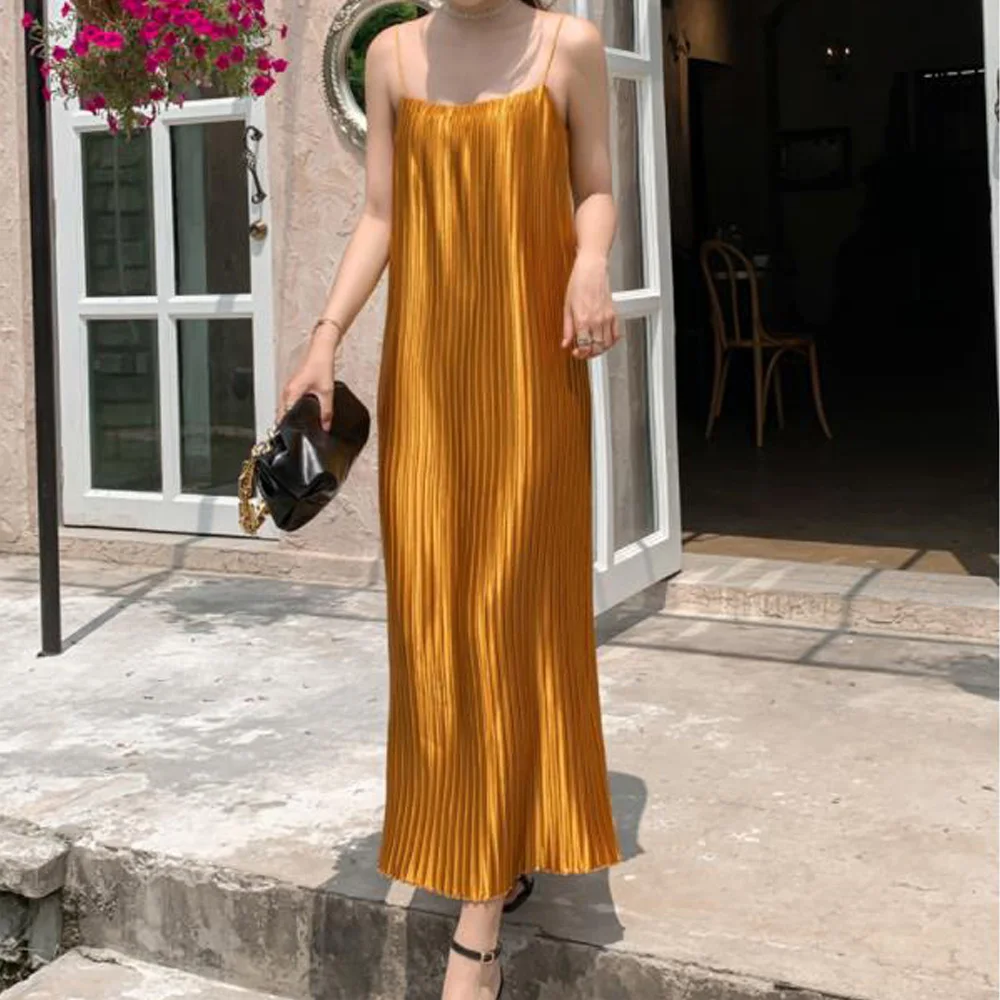 

Sexy Women Slip Dress Summer Sleeveless Satin Party Pleated Long Dress Sundress Female Sweet Slim Beach Dresses Vestidos