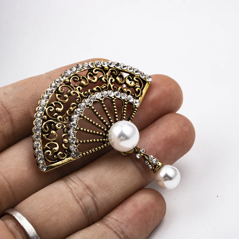 Новинка ретро Хрустальная брошь в виде веера жемчужная кисточка булавка на