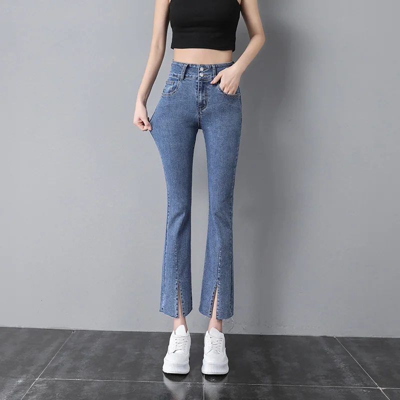 

High waist split jeans women's 2021 summer new slim straight tube small tall elastic micro flared pants 89 points