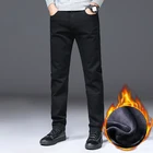 Мужские теплые облегающие джинсы, черные эластичные брюки из плотного флиса на зиму, 2021