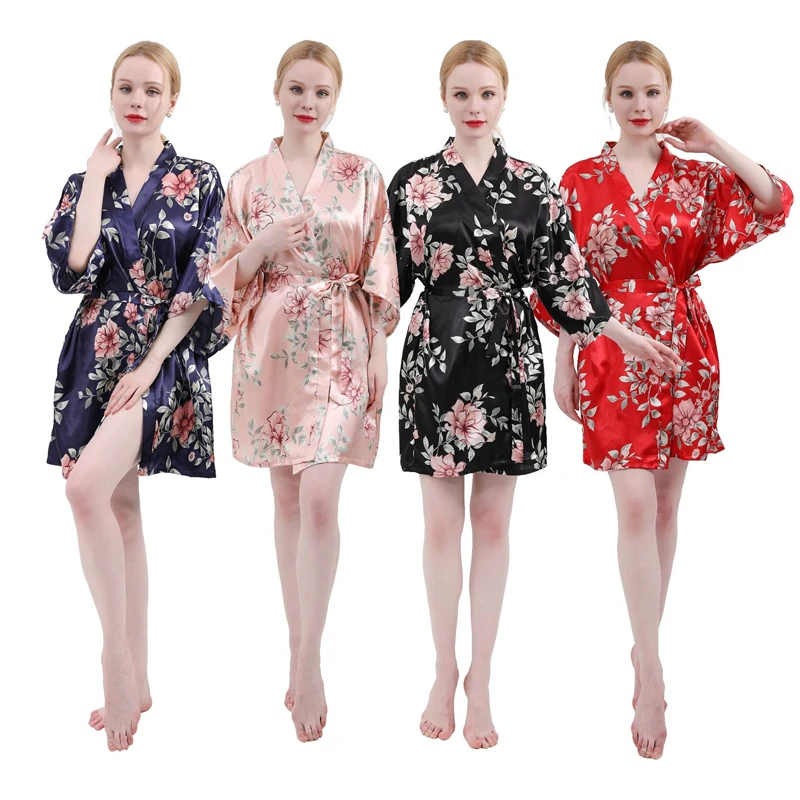 

2021 Summer Sexy Ice Silk Short Nightgown Womens Pajamas Ladies Fashion Satin Printing Robe Female Kimono Sleepwear Home Clothes