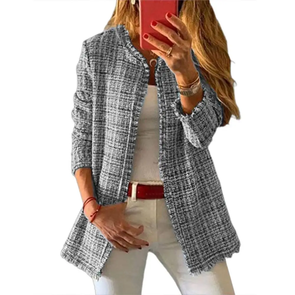 

Прямая поставка, Милая женская верхняя одежда на осень и зиму, клетчатый шерстяной кардиган с открытым спереди, куртка, пальто